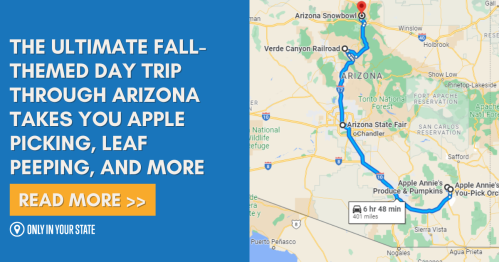 Map highlighting a fall-themed day trip in Arizona, featuring apple picking and leaf peeping activities.