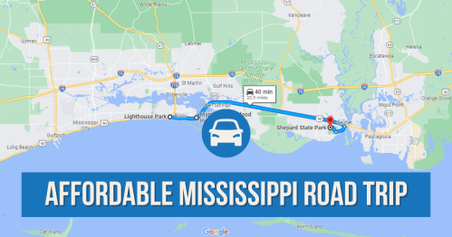 Map highlighting an affordable road trip route in Mississippi, featuring a car icon and key locations.
