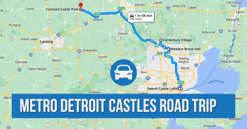 Map showing a road trip route from Detroit to Curwood Castle Park, highlighting a distance of 106 miles.