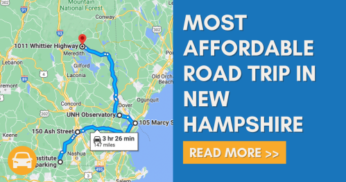 Map showing a road trip route in New Hampshire, highlighting affordability and key locations.