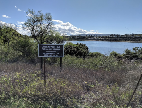 Sign for Upper Newport Bay Ecological Reserve, with a view of the water and surrounding greenery under a blue sky.