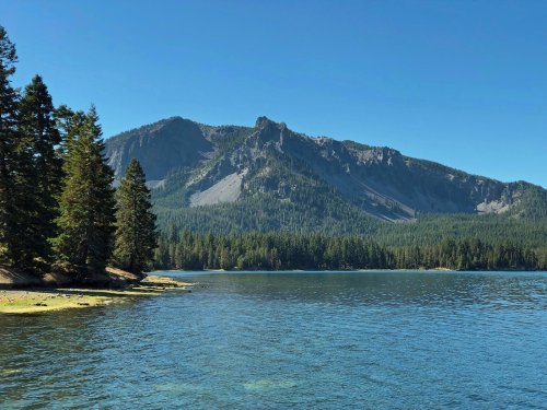 A serene lake surrounded by tall pine trees and a mountainous landscape under a clear blue sky.