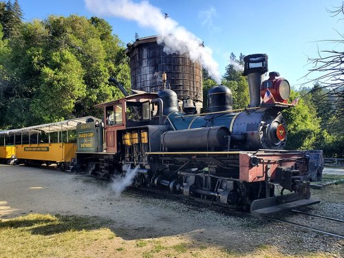 A vintage steam locomotive with a yellow passenger car, surrounded by trees and a water tower, emitting steam.