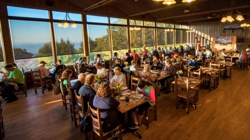 A bustling restaurant with large windows, filled with diners enjoying meals and a scenic view of nature outside.