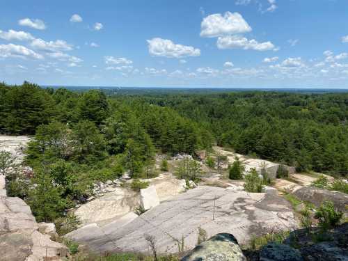 A scenic view of rocky terrain and lush green trees under a blue sky with fluffy clouds.