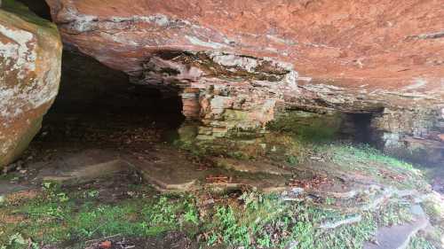 A rocky cave entrance with moss-covered stones and greenery surrounding the entrance.