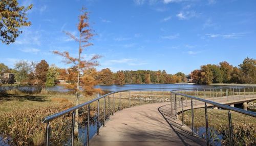 A scenic view of a lake surrounded by autumn trees, with a curved wooden walkway leading to the water.