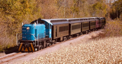 A blue train engine pulls several vintage passenger cars along a track bordered by autumn trees and cornfields.