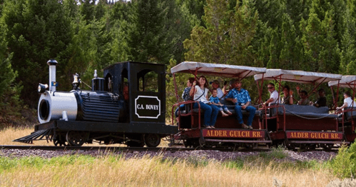 A vintage train with passengers travels through a scenic landscape of trees and grass.