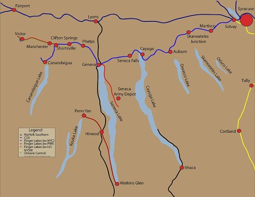 Map of central New York showing lakes, towns, and railroads, including routes for Norfolk Southern and Finger Lakes Railway.