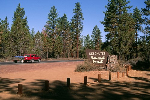 A red vehicle drives past the Deschutes National Forest sign, surrounded by tall pine trees and a clear blue sky.