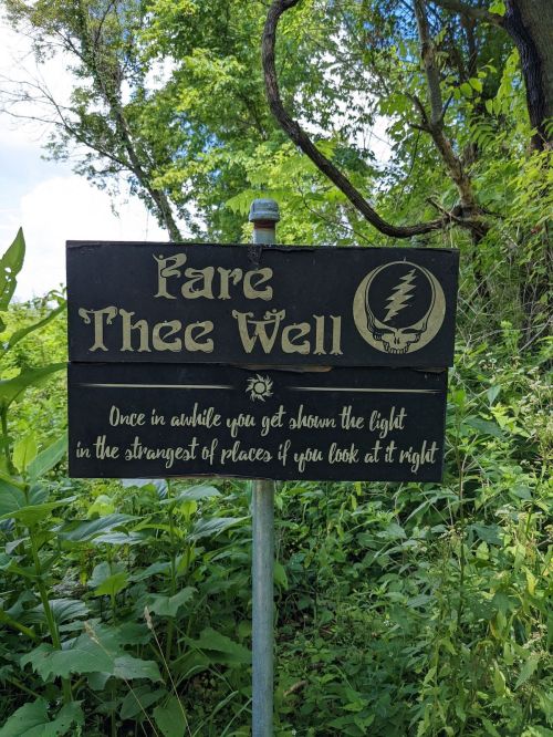 A weathered sign reading "Fare Thee Well" surrounded by greenery, with a message about finding light in unexpected places.