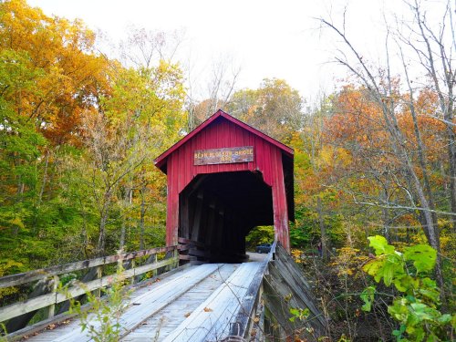 A red covered bridge surrounded by vibrant autumn foliage and trees.