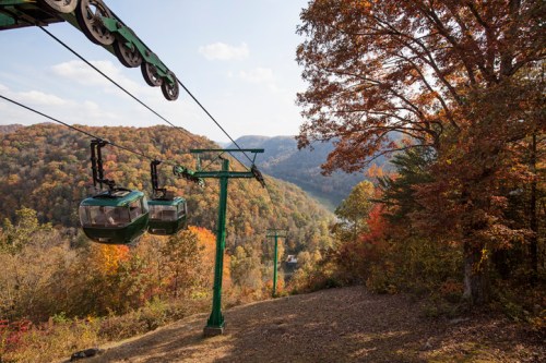 A scenic view of green gondolas on a cable car line, surrounded by colorful autumn foliage and rolling hills.