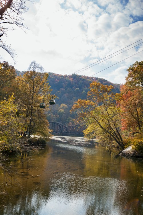 A scenic view of a river surrounded by autumn trees, with gondolas crossing overhead against a cloudy sky.