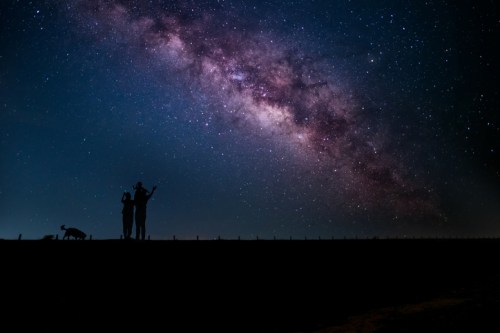 Silhouettes of two people and a dog against a starry night sky with the Milky Way galaxy visible above.