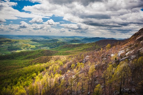 A panoramic view of rolling hills with a mix of green and brown foliage under a cloudy sky.
