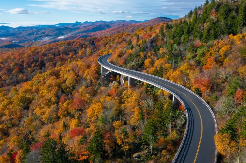 A winding road curves through vibrant autumn foliage in a mountainous landscape under a clear blue sky.