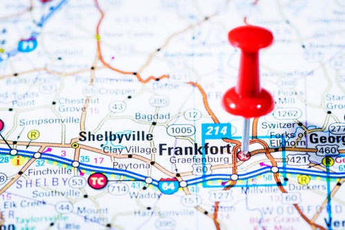 A close-up of a map showing Frankfort, Kentucky, marked with a red pushpin.