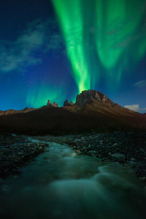 A stunning night scene featuring vibrant green auroras above a mountain, with a flowing stream in the foreground.