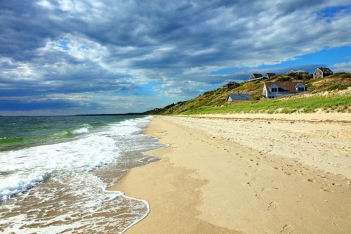 A serene beach scene with gentle waves, sandy shore, and houses on a grassy hill under a cloudy sky.