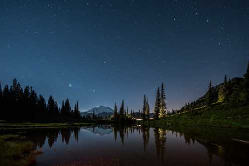 A serene night landscape featuring a starry sky, mountains, and a calm lake reflecting the scenery.