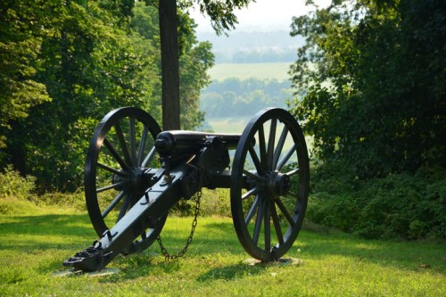 A historic cannon on a grassy hill, surrounded by trees, overlooking a scenic landscape.