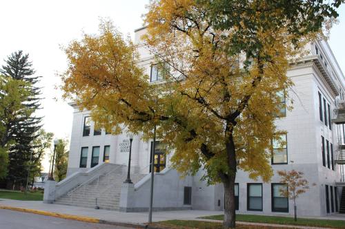 A courthouse building with a large tree displaying autumn leaves in front, set against a clear sky.