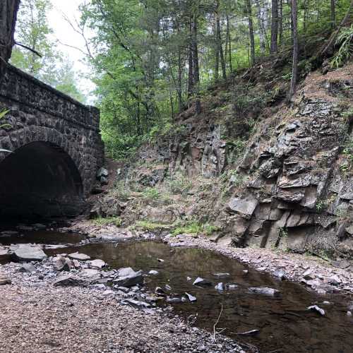 A stone bridge arches over a shallow stream, surrounded by lush greenery and rocky terrain.