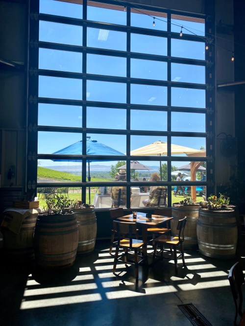 A sunny view through large glass doors, showcasing outdoor seating and vineyard scenery, framed by wooden barrels.
