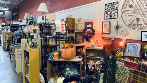 A cozy thrift store display filled with vintage items, decor, and seasonal decorations like pumpkins and wreaths.