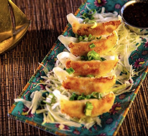 A colorful plate of dumplings garnished with green onions, served on a bed of shredded cabbage with a dipping sauce.