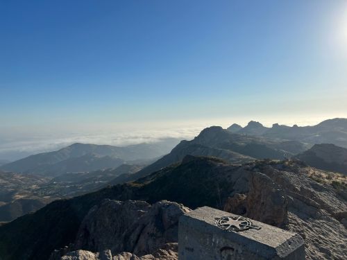 A panoramic view of mountains and valleys under a clear blue sky, with a rocky foreground and distant peaks.