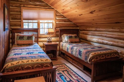 Cozy log cabin bedroom with two twin beds, rustic decor, and a warm wooden interior.