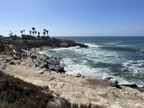A scenic coastal view with waves crashing on rocks, palm trees, and people walking along the shore under a clear blue sky.