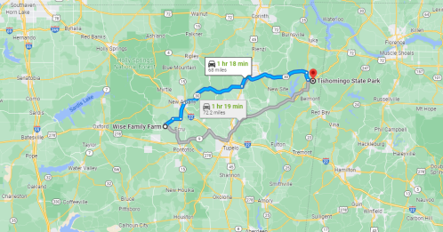 Map showing two routes from Wise Family Farm to Tishomingo State Park, with distances and estimated travel times.