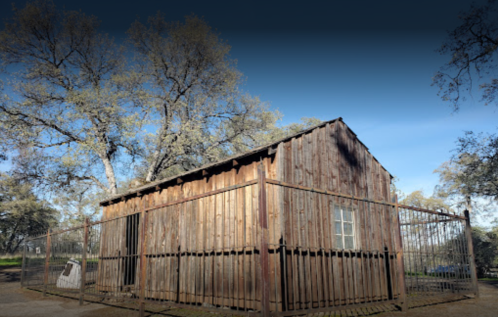 A rustic wooden cabin surrounded by a fence, set among trees under a clear blue sky.