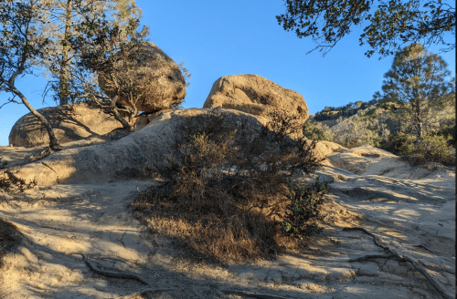 Rocky landscape with large boulders, sparse vegetation, and clear blue sky in the background.