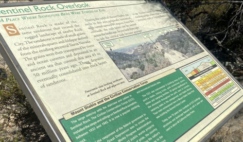 Sign at Sentinel Rock Overlook explaining the geological features and history of the area, with a view of sandstone formations.