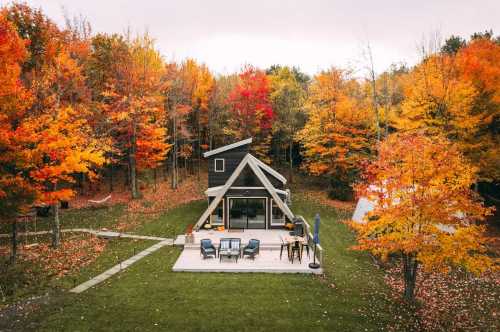 A modern cabin surrounded by vibrant autumn foliage, featuring a deck and outdoor seating in a serene forest setting.