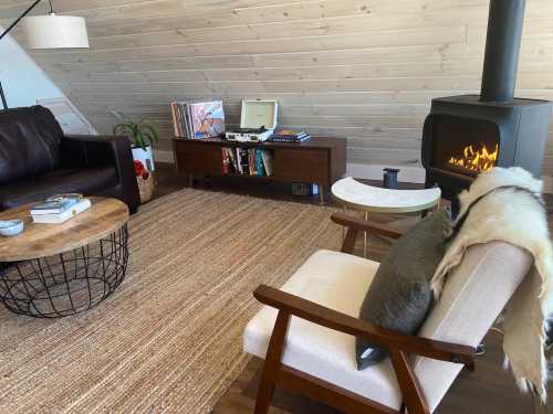 Cozy living room with a leather couch, wooden furniture, a record player, and a warm fireplace. Natural light and decor.