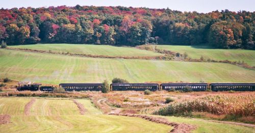 A vintage train travels through a scenic landscape with colorful autumn foliage and green fields.