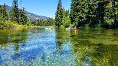 Three kayakers paddle on a clear river surrounded by lush green trees and mountains in the background.