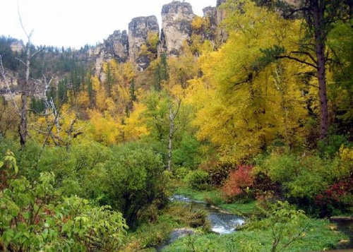 A vibrant autumn landscape featuring colorful trees, a stream, and rocky cliffs in the background.