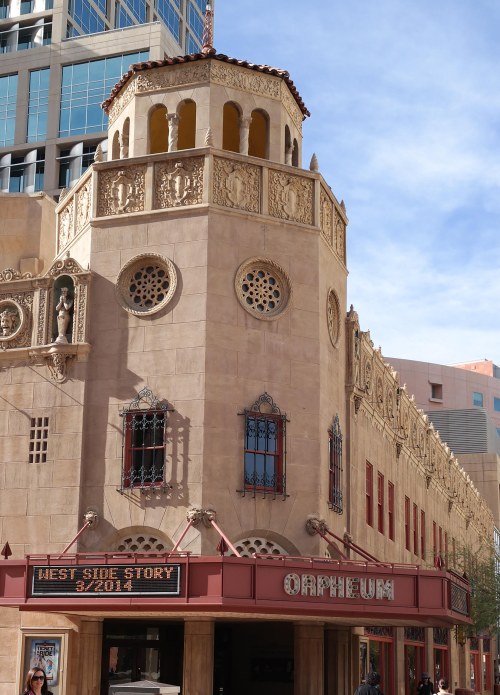 Historic Orpheum Theatre with ornate architecture, featuring a marquee for "West Side Story" in 2014.