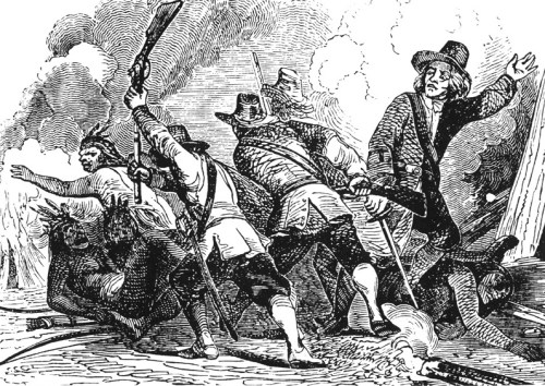 A historical illustration of a chaotic battle scene with armed figures and smoke in the background.