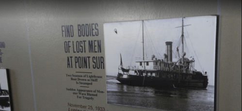 Black and white photo of a steamboat with text about lost men at Point Sur, dated November 25, 1933.