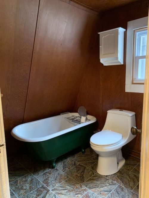 A small bathroom featuring a green clawfoot tub, a white toilet, and wooden walls.