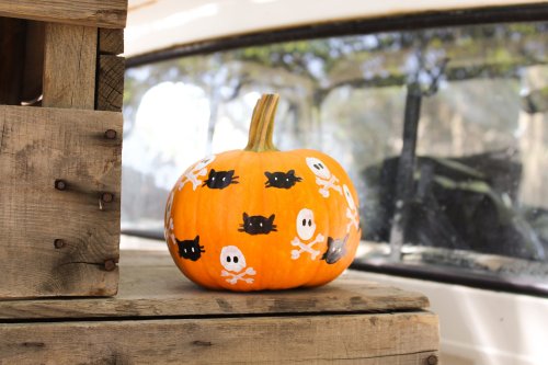 A painted orange pumpkin with black cats and skulls, sitting on a wooden crate with a vintage vehicle in the background.