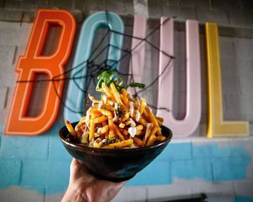 A hand holds a bowl of loaded fries in front of a colorful "BOWL" sign on a wall.